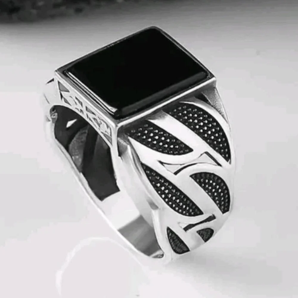 14k White Gold Plate Over Sterling Silver Turkish Gemstone Black Onyx Men's Ring